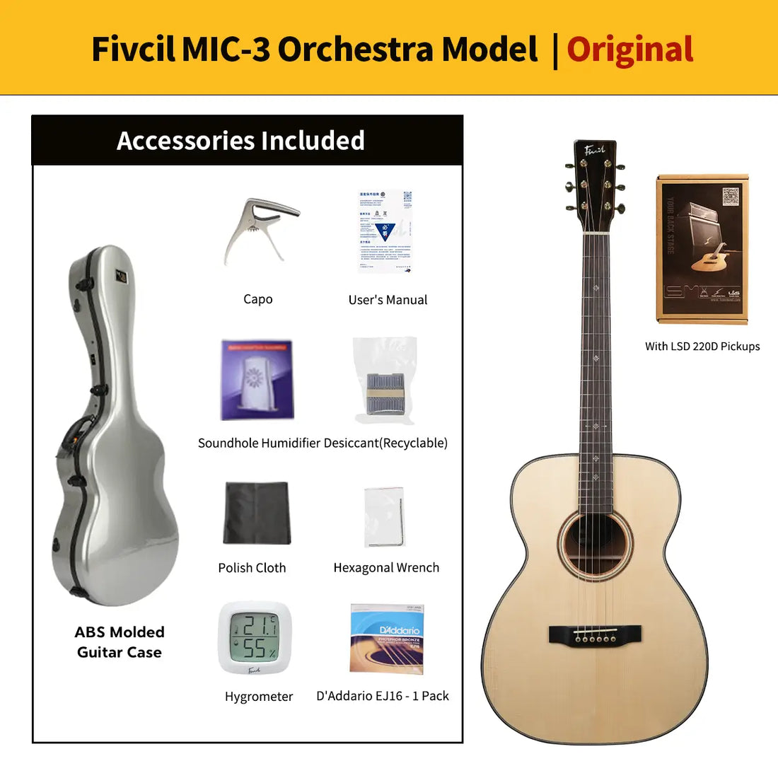 Fivcil MIC-3 Adirondack/Cuban Mahogany Acoustic Guitar