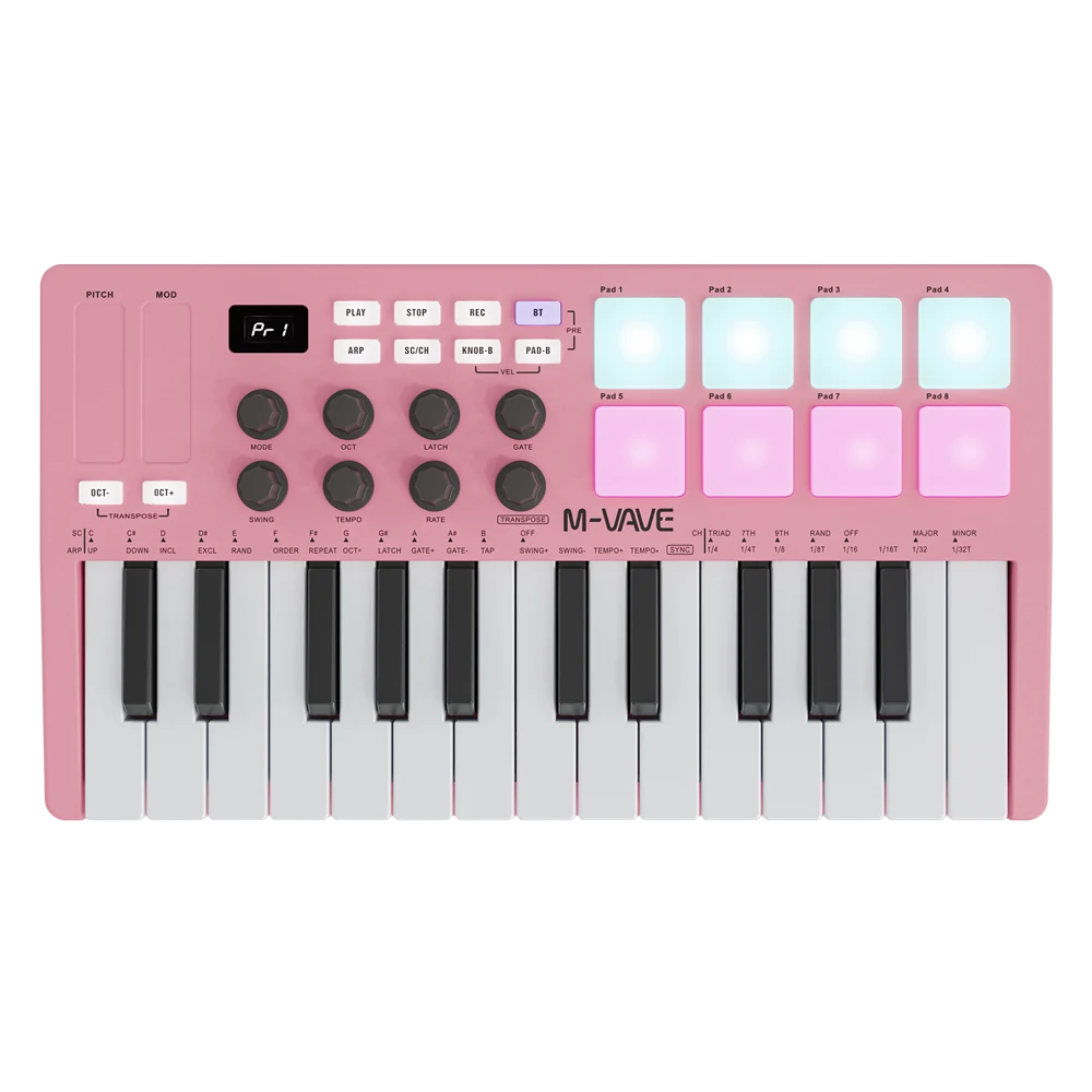 M-VAVE SMK25 Wireless MIDI Keyboard Pink front view