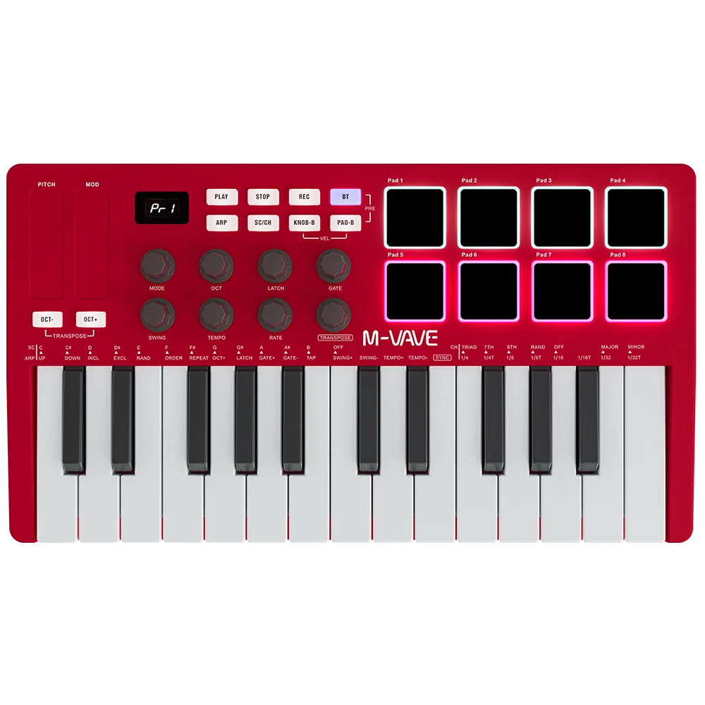 M-VAVE SMK25 Wireless MIDI Keyboard Red front view